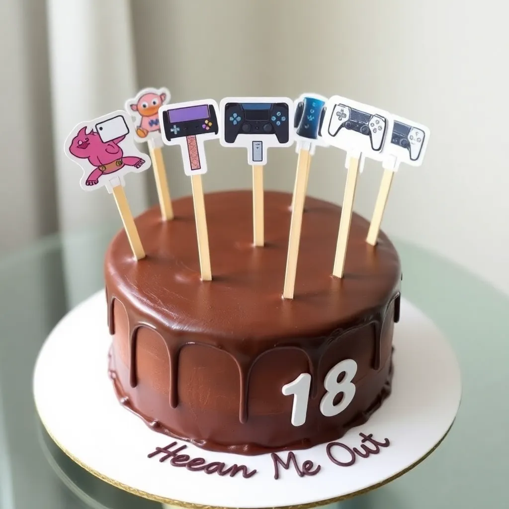 Hear Me Out Cake : bolo de aniversario lilas, cm gliter de leve, com plaquinhas pequenas com theme de playstation 5, com o nome Laura no meio e o numero 18