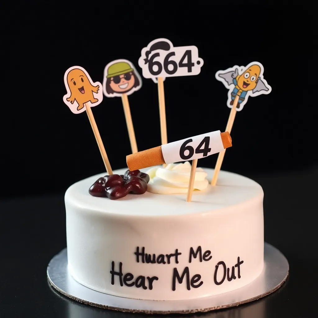 Hear Me Out Cake : una torta stile posacenere con la cenere e una sigaretta poggiata con scritto sulla parte del filtro il numero 64. Sulla torta deve esserci scritto: TUTTO FUMO E NIENTE A POSTO. La torta deve essere di colore bianco.