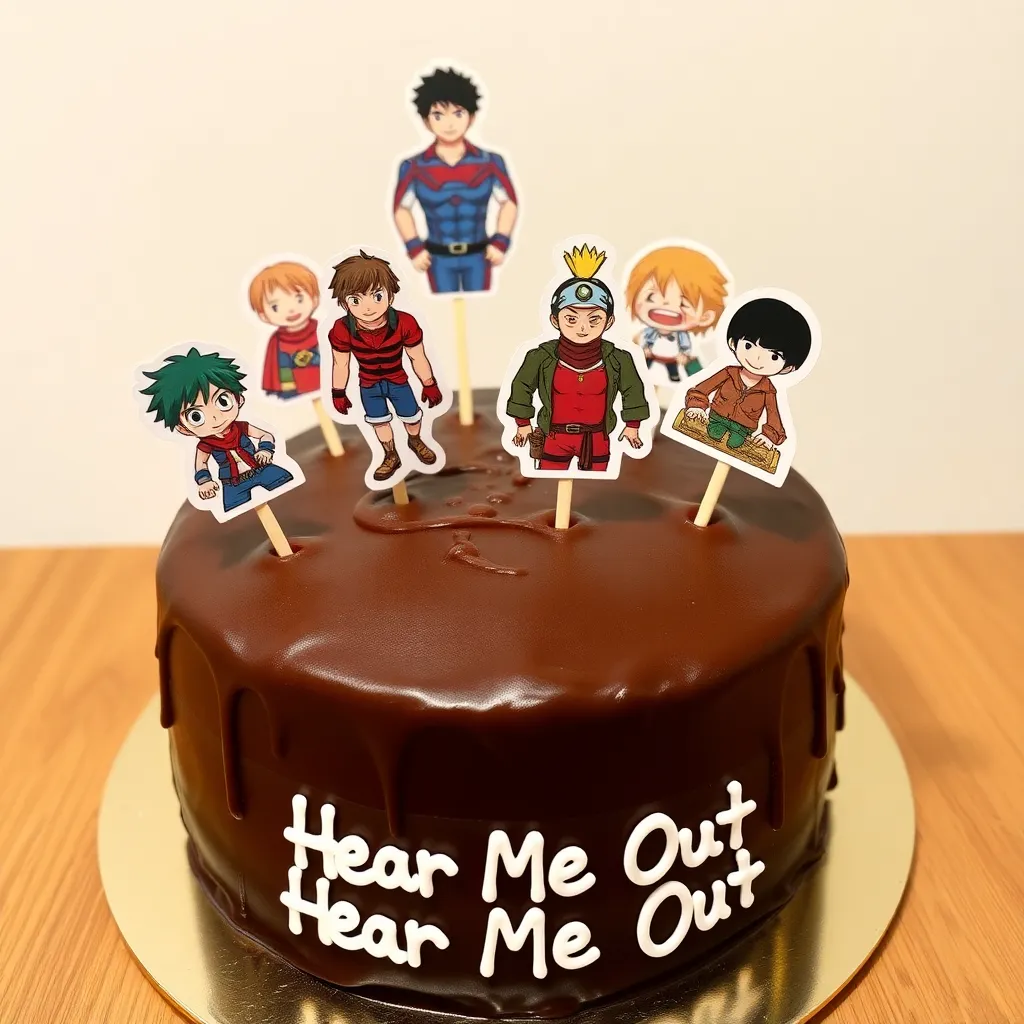 Hear Me Out Cake : Title: “Fina’s Messed Up – Hear Me Out Cake”The Cake includes pictures of following characters: Enji Todoroki from My Hero Academia, Omni-man from Invincible, Sukuna from Jujutsu Kaisen, Suguru Geto from Jujutsu Kaisen, Greed from Fullmetal Alchemist Brotherhood, Reiner Braun from Attack on Titan, Loki from One Piece
